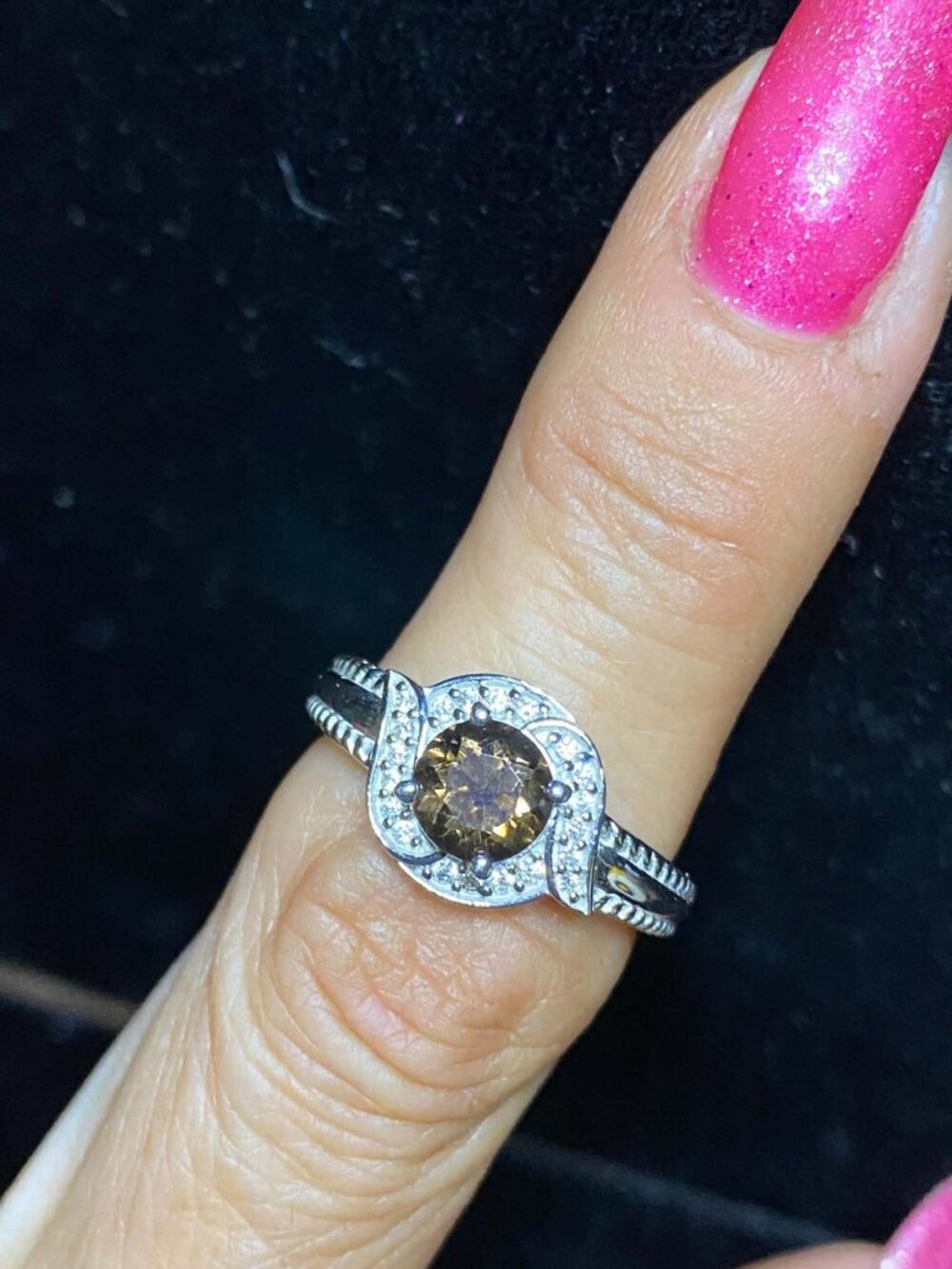 .925 Sterling Silver Smokey Quartz Halo Cubic Zirconia Engagement Ring